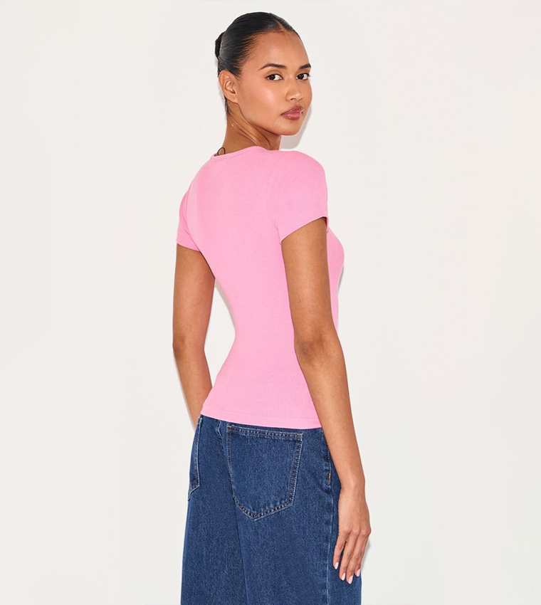 Ribbed Short Sleeves Casual T-Shirt