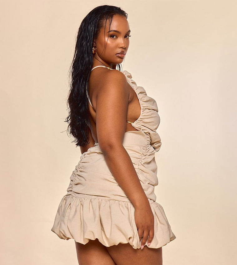 Label Curve Off Ruched Puff Hem Strappy Bodycon Mini Dress