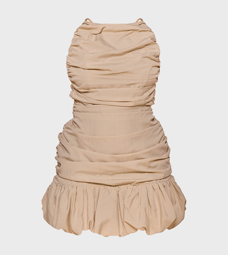 Label Curve Off Ruched Puff Hem Strappy Bodycon Mini Dress