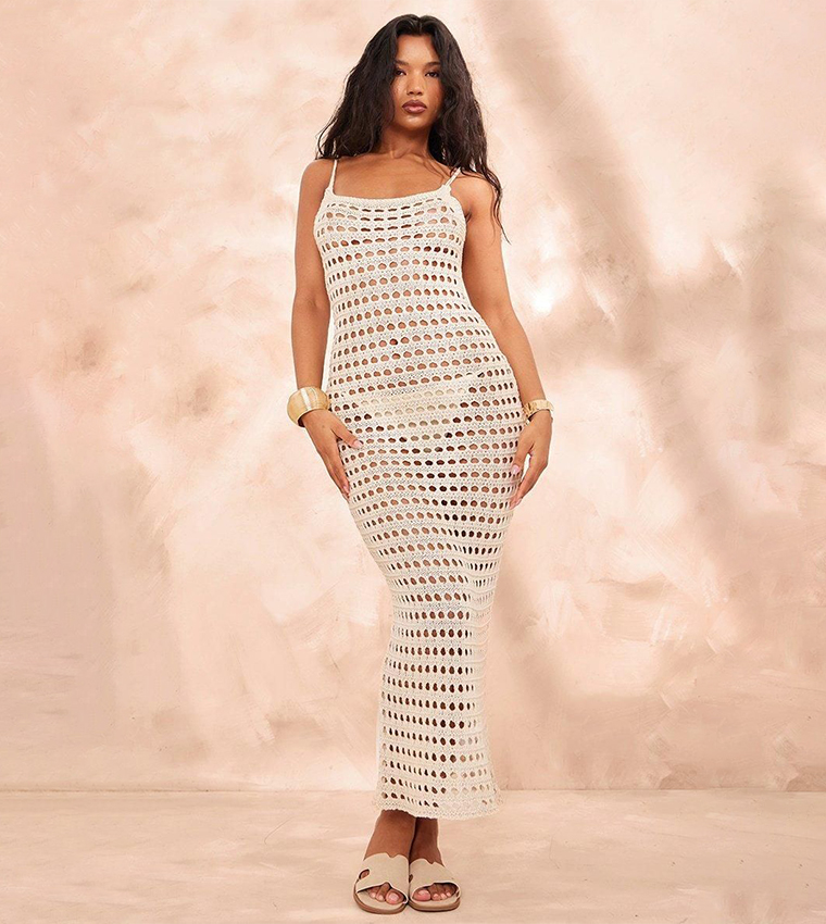 Buy PrettyLittleThing Crochet Strappy Beach Maxi Dress In Beige | 6thStreet  Bahrain