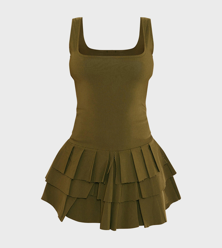 Pleated Stretch Square Neck Skort Playsuit