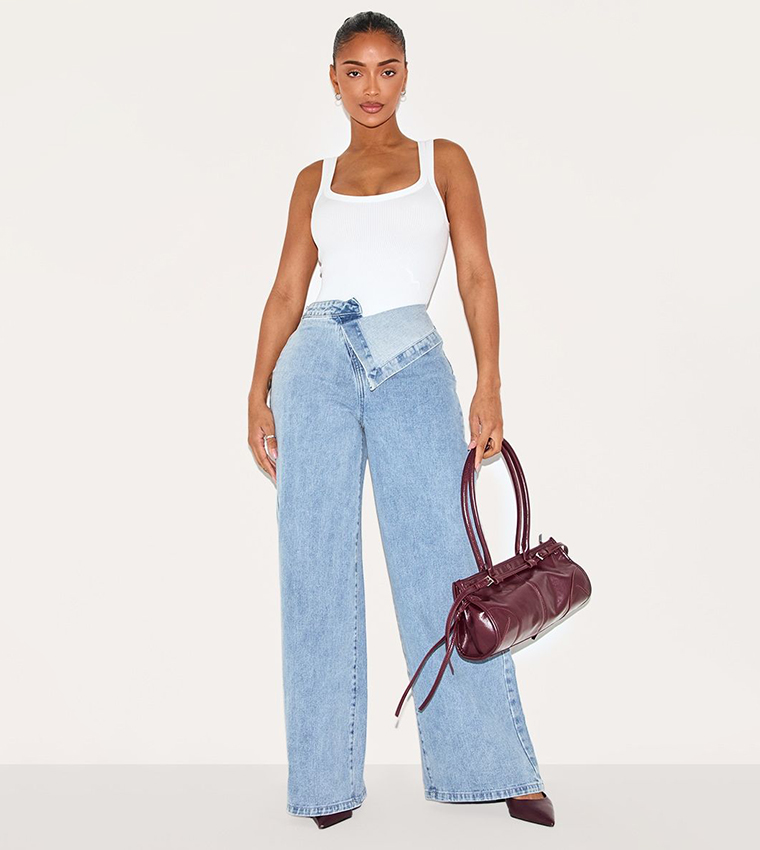 Shape Washed Foldover Waist Wide Leg Jeans
