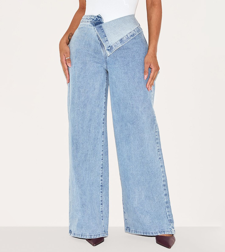 Shape Washed Foldover Waist Wide Leg Jeans