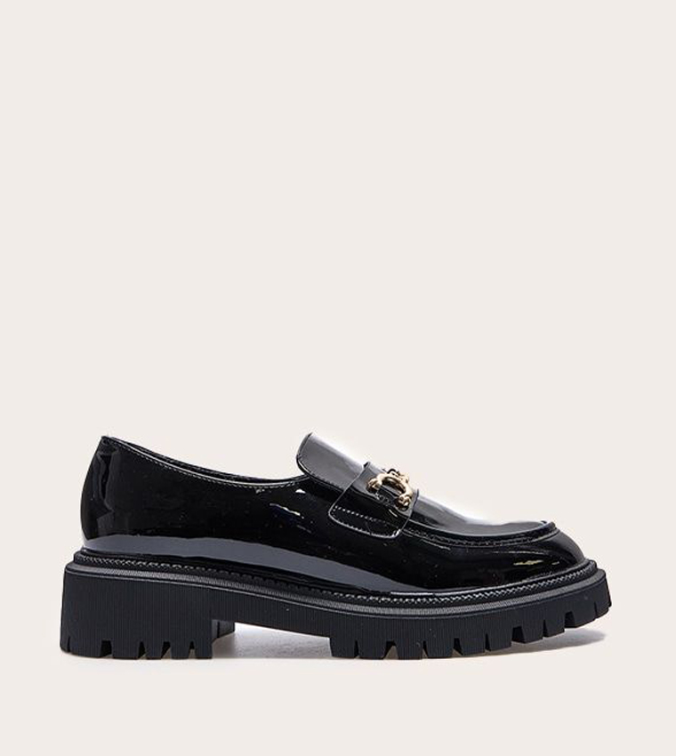 PU Round Toe Chunky Sole Chain Loafers