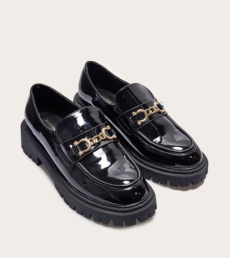 PU Round Toe Chunky Sole Chain Loafers