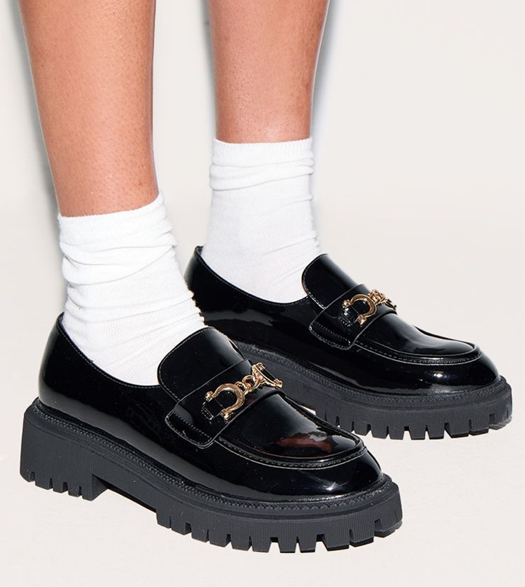 PU Round Toe Chunky Sole Chain Loafers