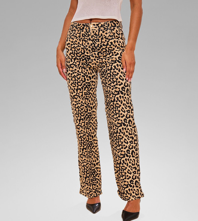 Leopard Print Straight Fit Jeans