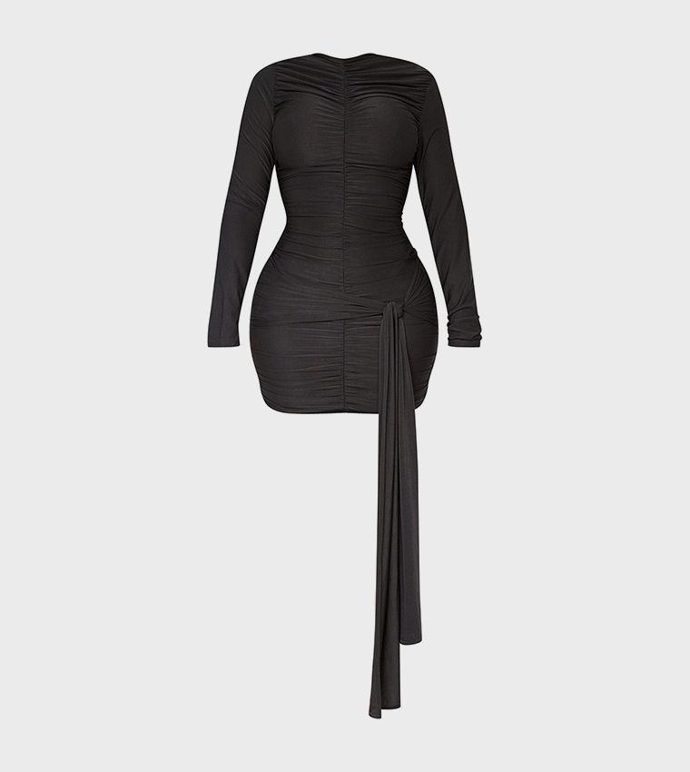 Shape Slinky Ruched Detail Long Sleeves Bodycon Mini Dress