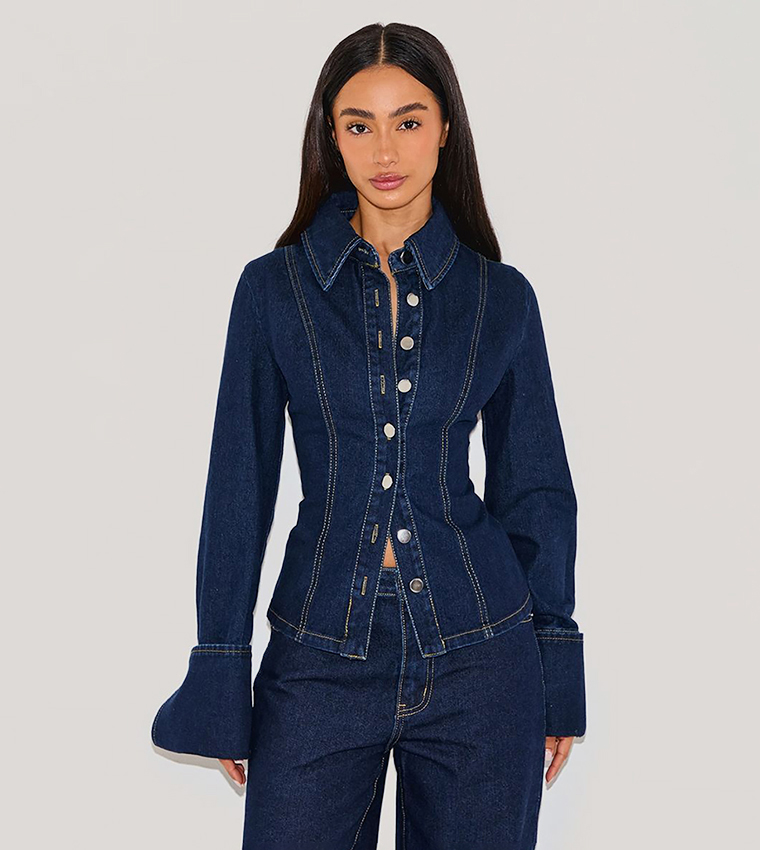 Petite Wash Long Sleeves Fitted Denim Shirt