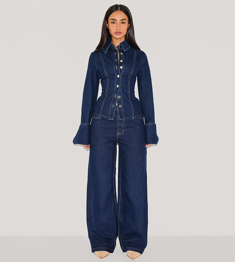 Petite Wash Long Sleeves Fitted Denim Shirt