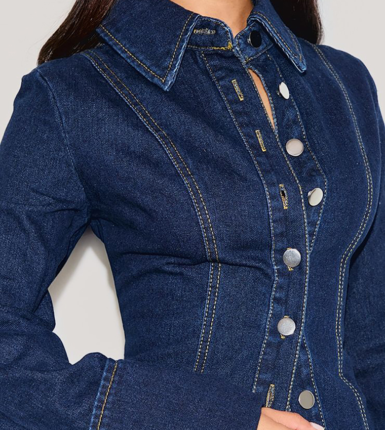 Petite Wash Long Sleeves Fitted Denim Shirt