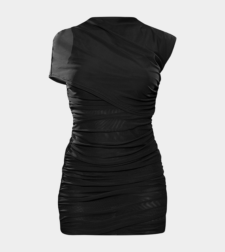 Mesh High Neck One Shoulder Mini Dress