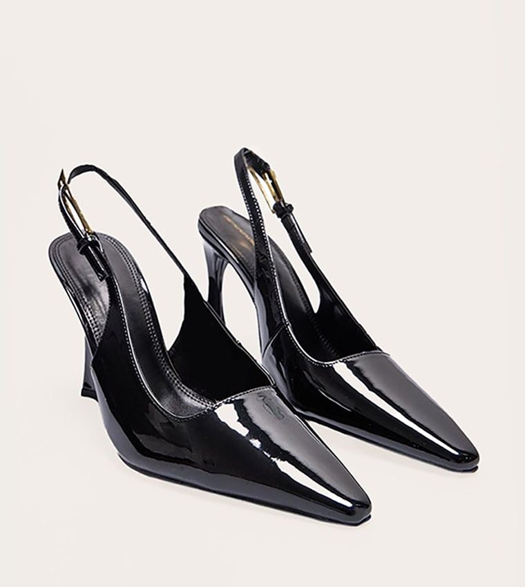 Patent PU Gold Buckle Heel Pumps