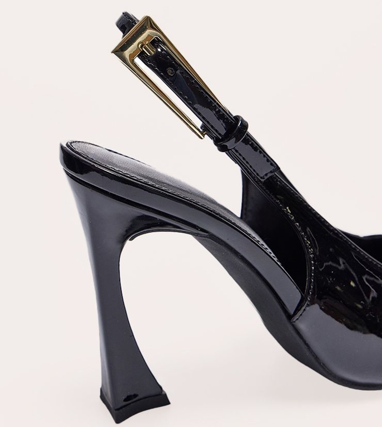 Patent PU Gold Buckle Heel Pumps