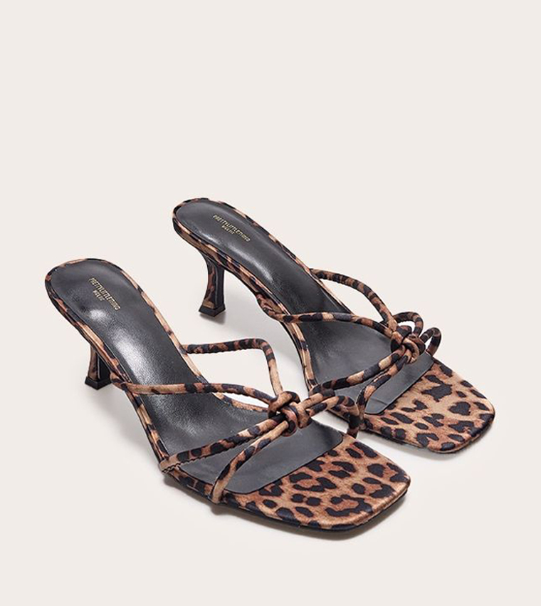 Leopard Satin Square Toe Knotted Heel Sandals