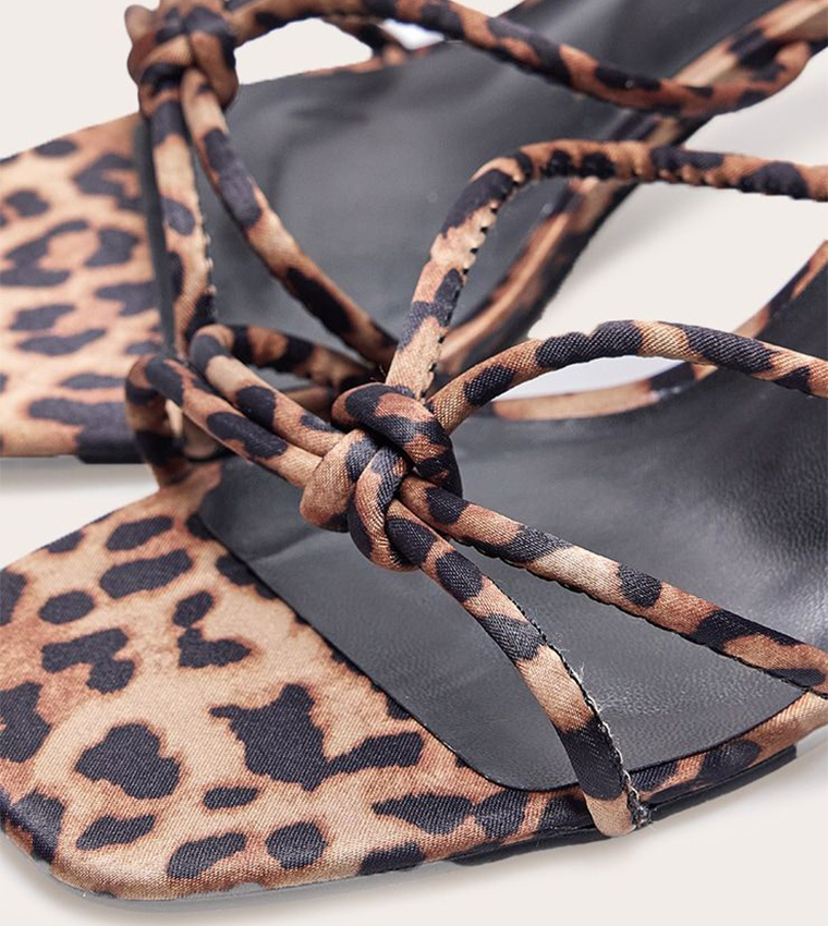 Leopard Satin Square Toe Knotted Heel Sandals