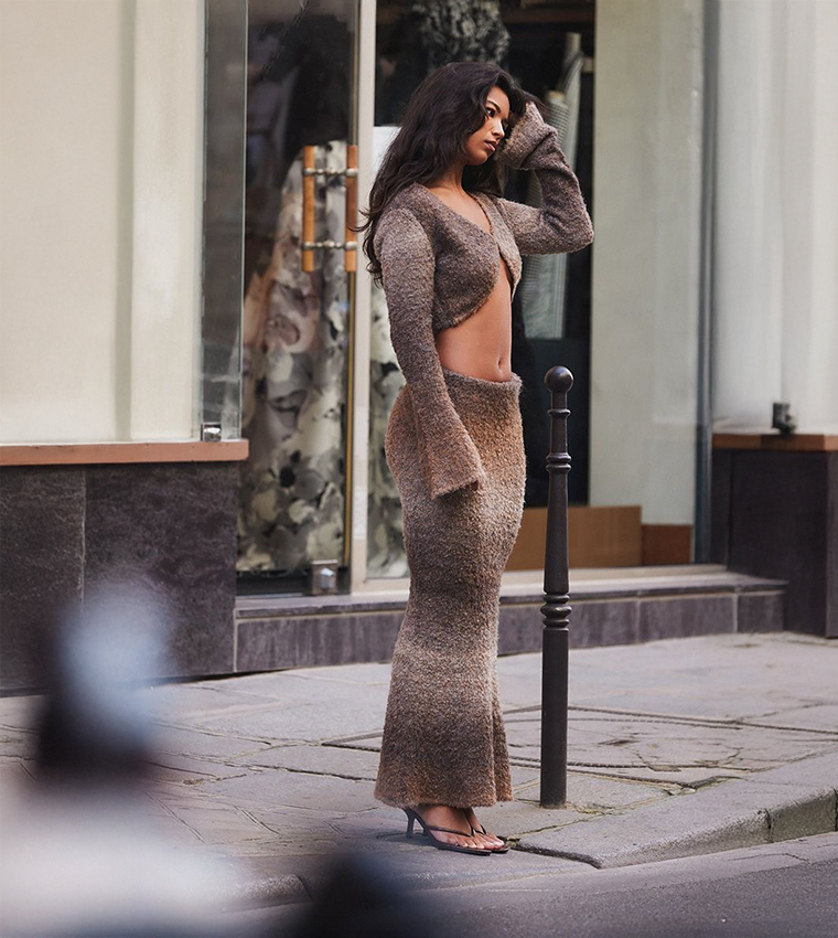 Mocha Striped Textured Knit Flared Sleeves Crop Top