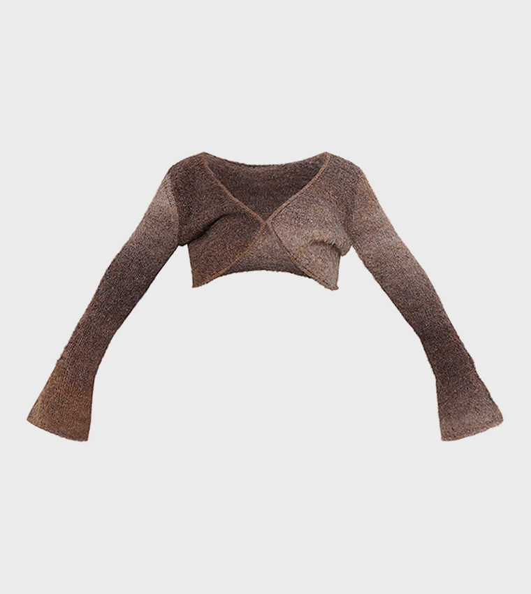 Mocha Striped Textured Knit Flared Sleeves Crop Top
