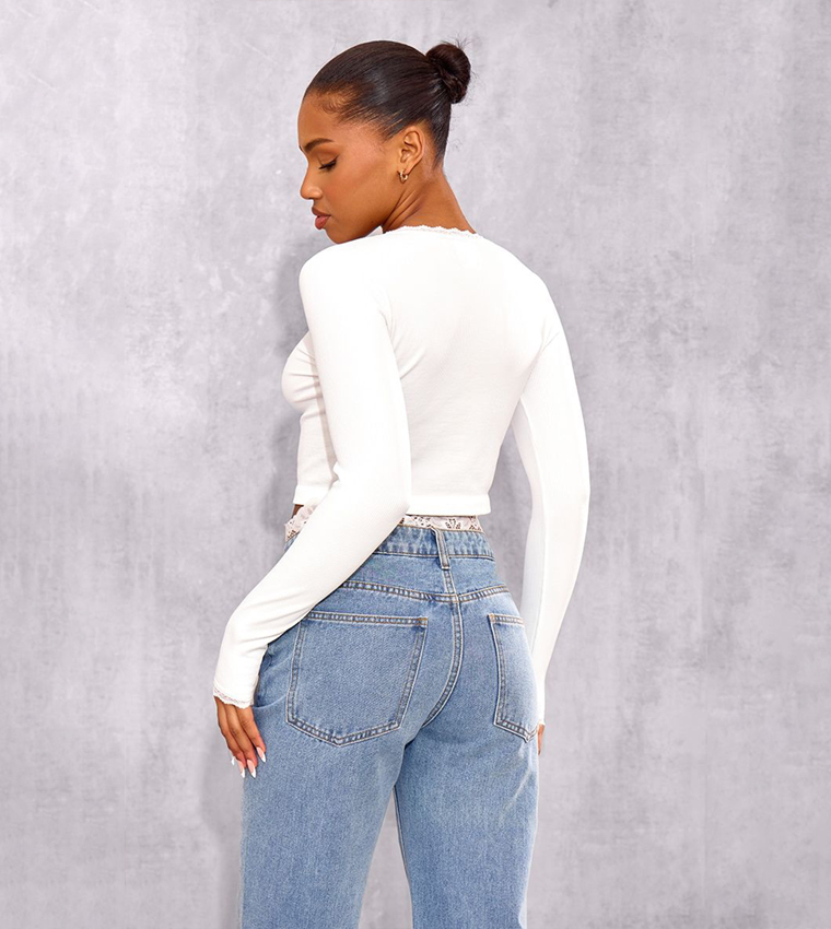 Lace Trim Contour Ribbed Button Up Long Sleeves Crop Top