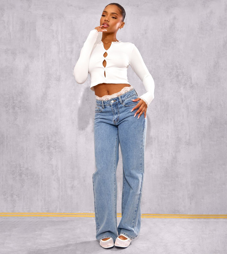 Lace Trim Contour Ribbed Button Up Long Sleeves Crop Top