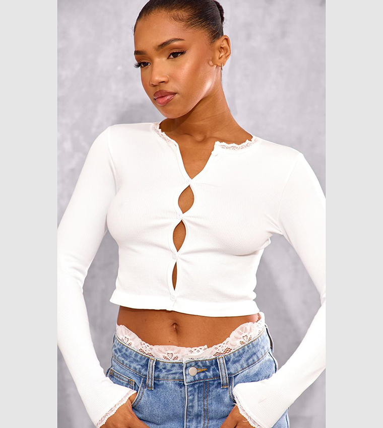 Lace Trim Contour Ribbed Button Up Long Sleeves Crop Top