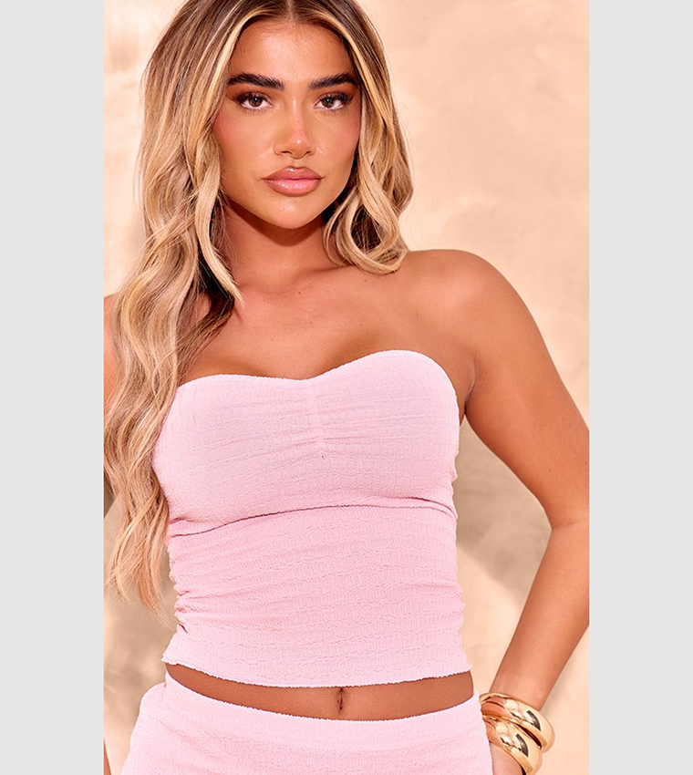 Textured Frill Hem Ruched Front Bandeau Top