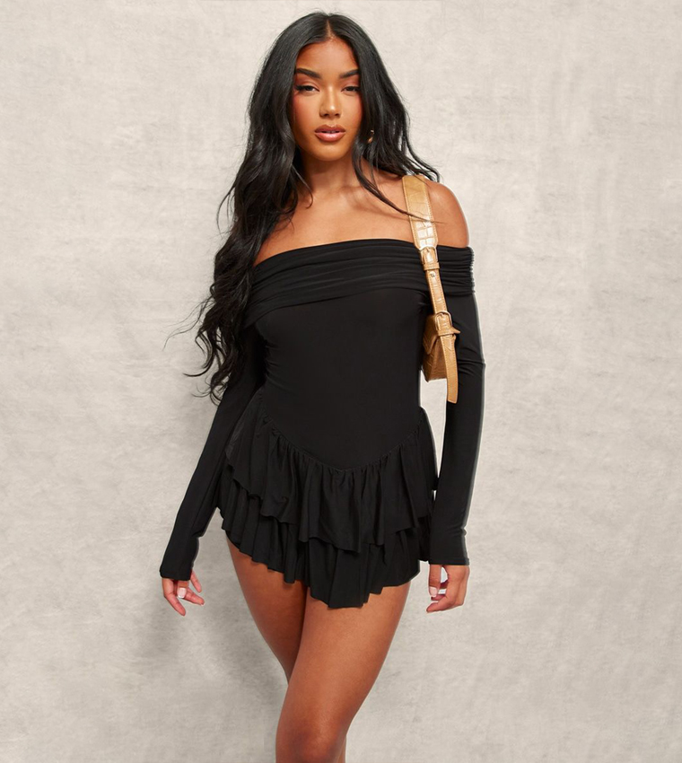 Slinky Long Sleeves Bardot Rara Skort Playsuit