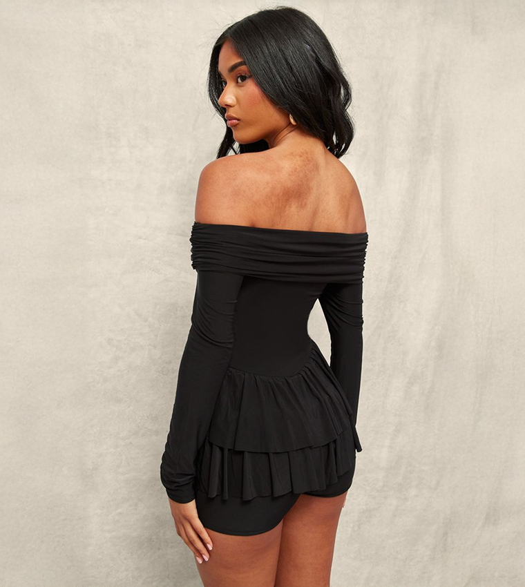 Slinky Long Sleeves Bardot Rara Skort Playsuit