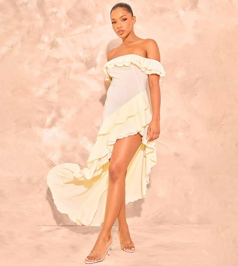 knee length dresses for ladies PrettyLittleThing Champagne Cross Strap Open Back Midi Dress main image 1