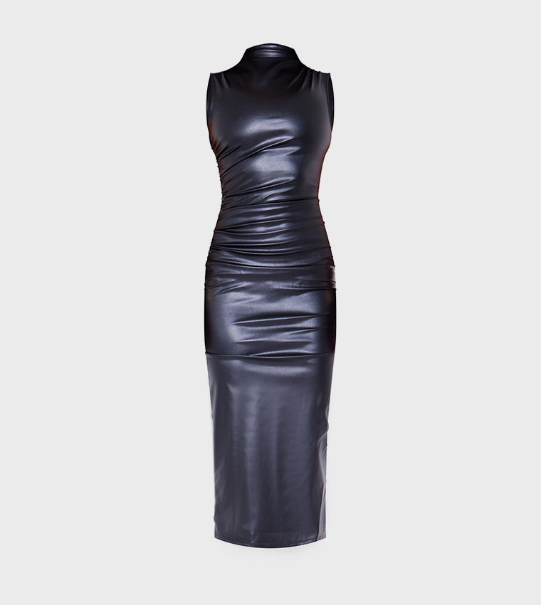Faux Leather High Neck Sleeveless Ruched Midi Dress