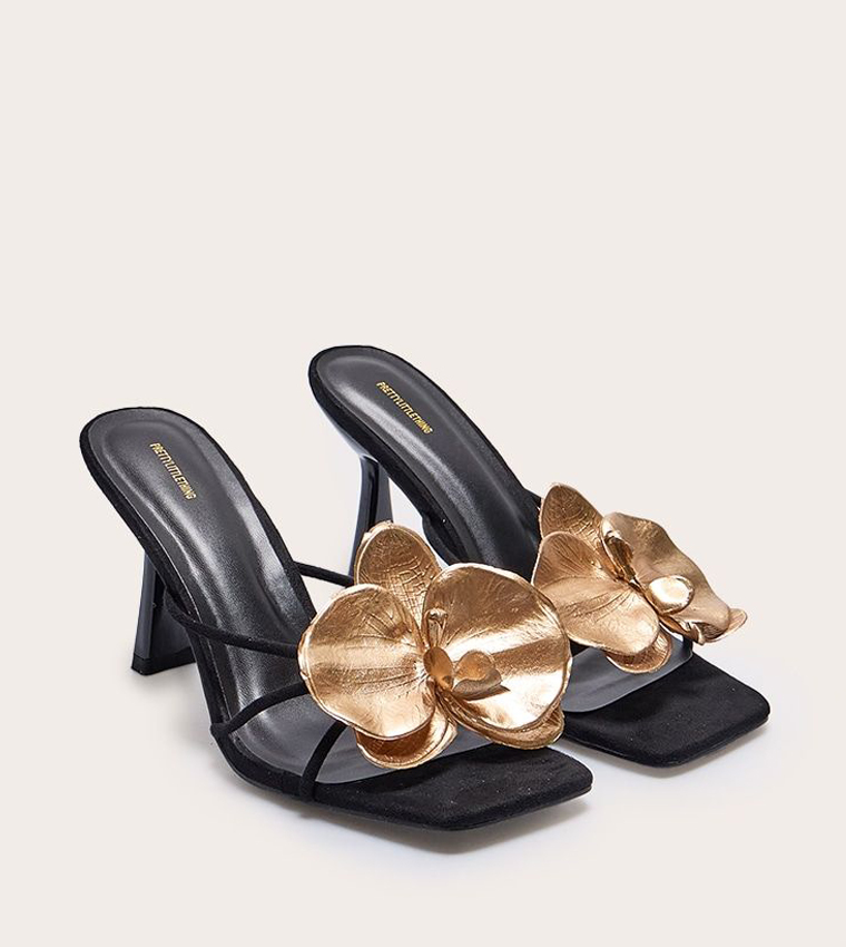 Appliqued Square Toe Heeled Sandals
