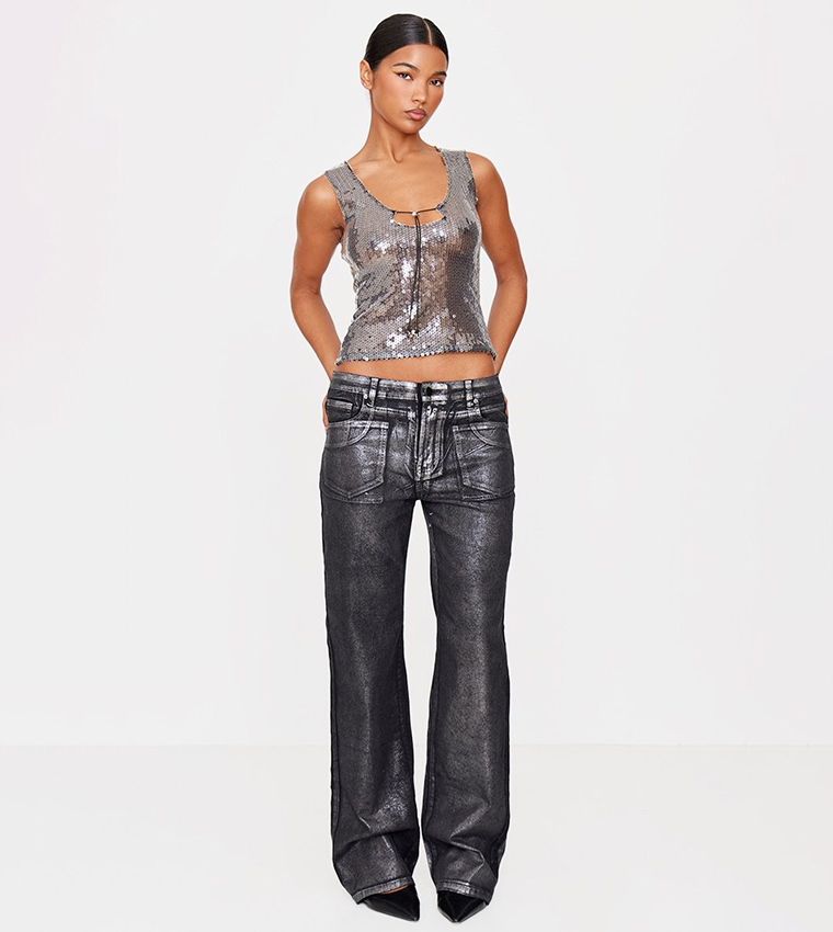 Metallic Effect Low Rise Wide Leg Jeans