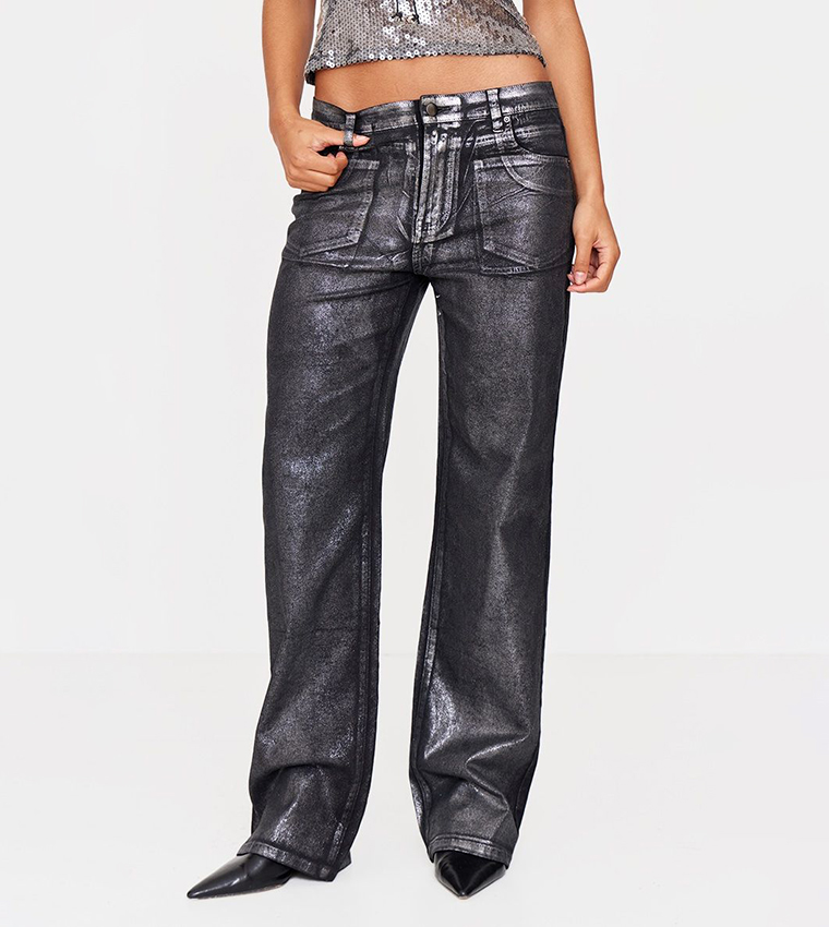 Metallic Effect Low Rise Wide Leg Jeans