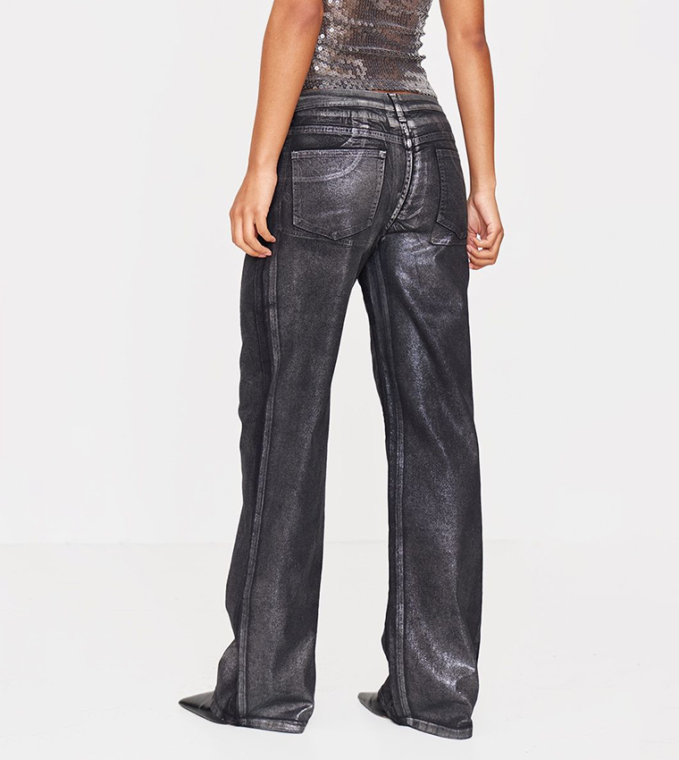 Metallic Effect Low Rise Wide Leg Jeans