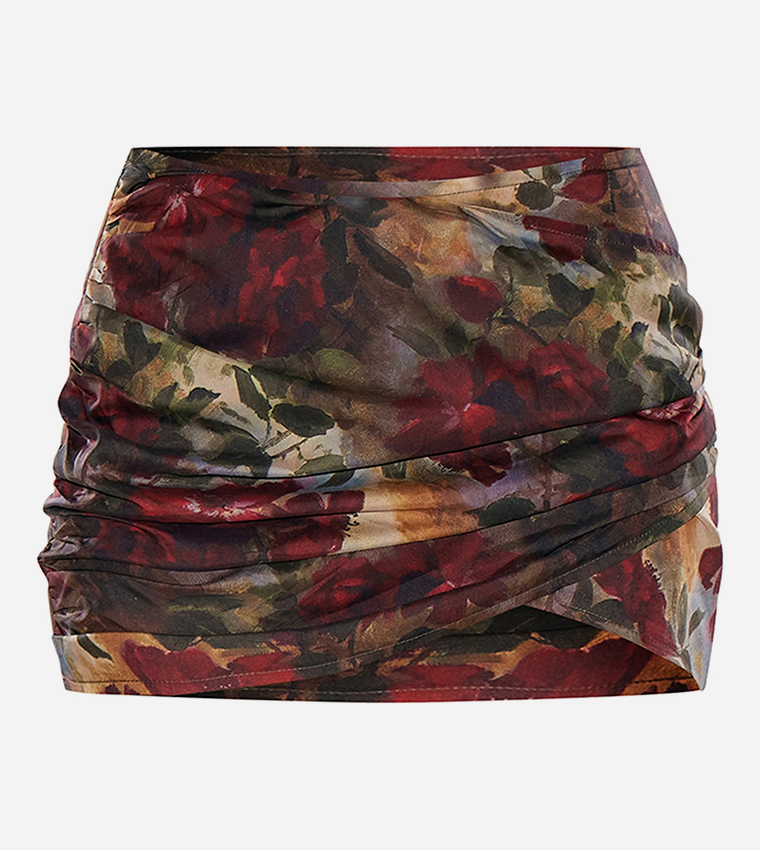 Printed Chiffon Foldover Ruched Mini Skirt