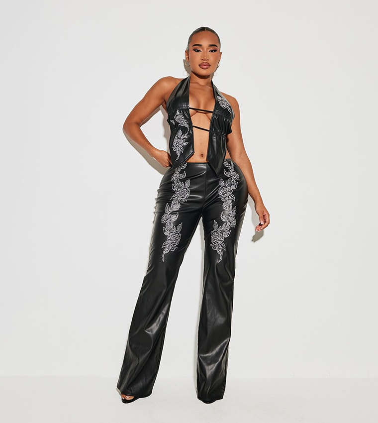 Shape Faux Leather Embroidered Flared Trousers