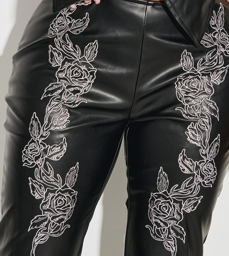 Shape Faux Leather Embroidered Flared Trousers
