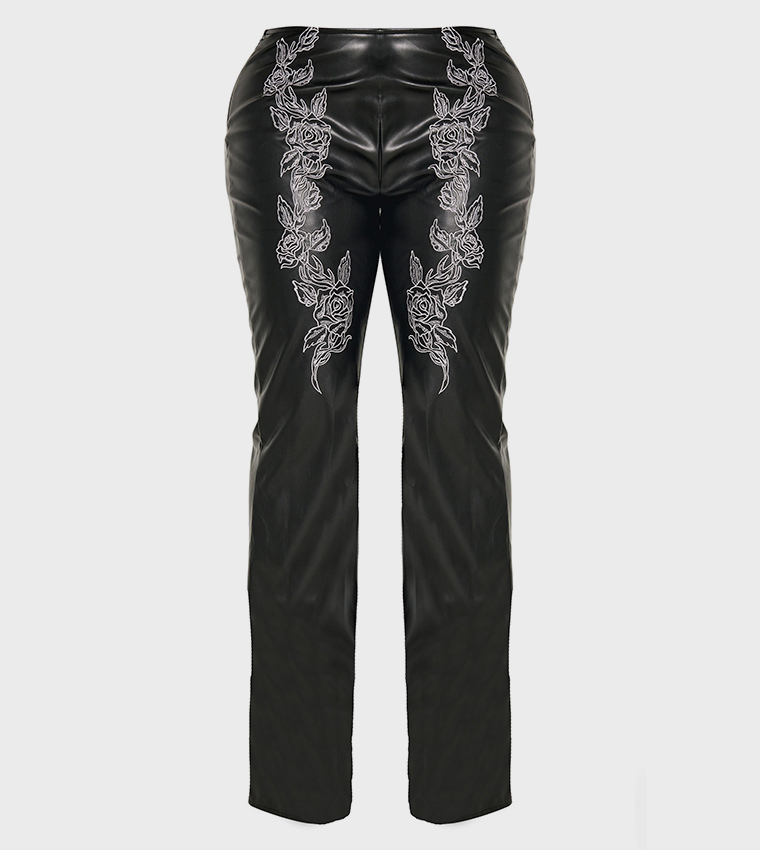 Shape Faux Leather Embroidered Flared Trousers