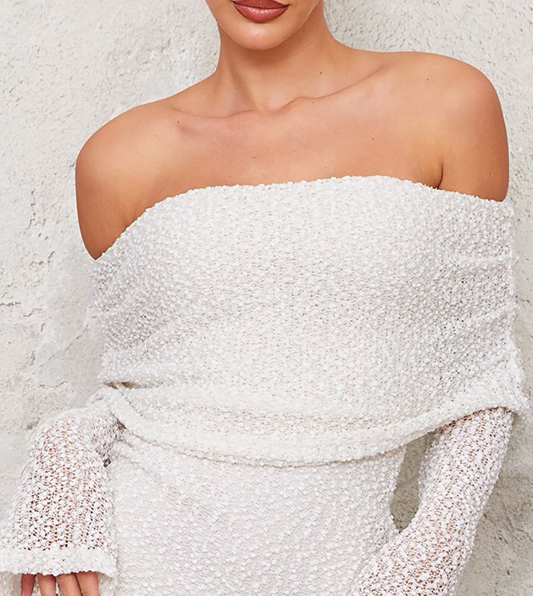 Textured Bardot Flared Long Sleeves Mini Dress