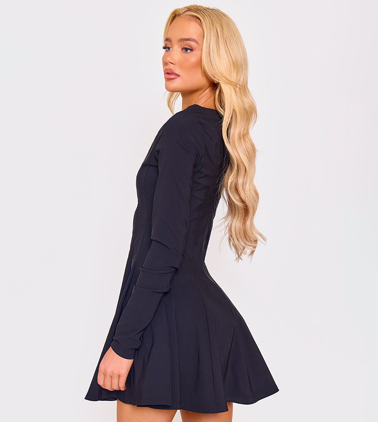 Stretch Boat Neck Long Sleeves Pleated Shift Mini Dress