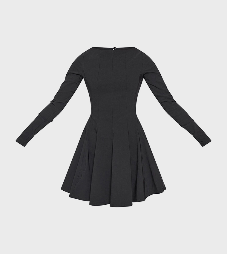 Stretch Boat Neck Long Sleeves Pleated Shift Mini Dress