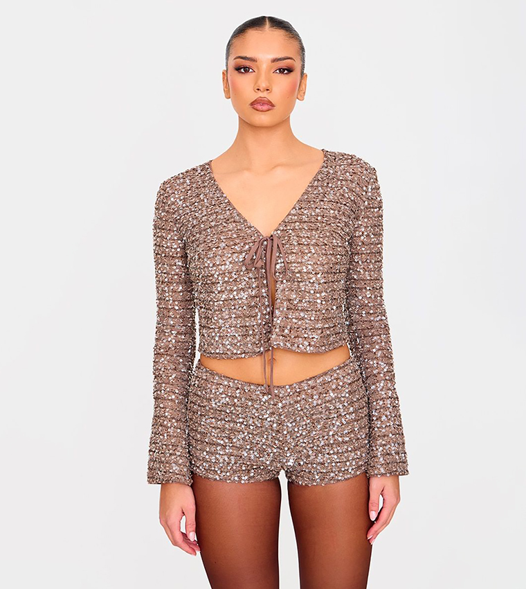 Sequined Long Sleeves Crop Top