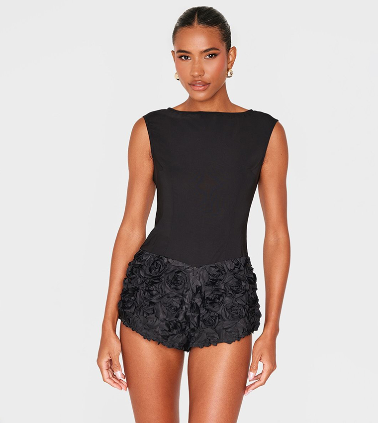 Woven Rose Applique Boat Neck Playsuit