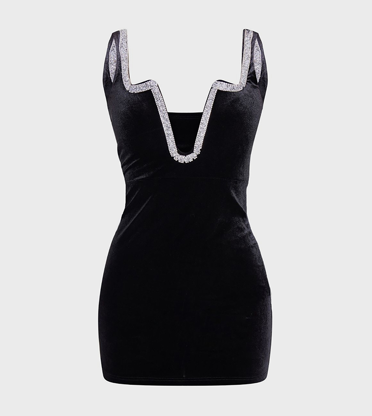 Buy PrettyLittleThing Velvet Diamante Detail Trim Mini Dress In Black |  6thstreet Saudi Arabia