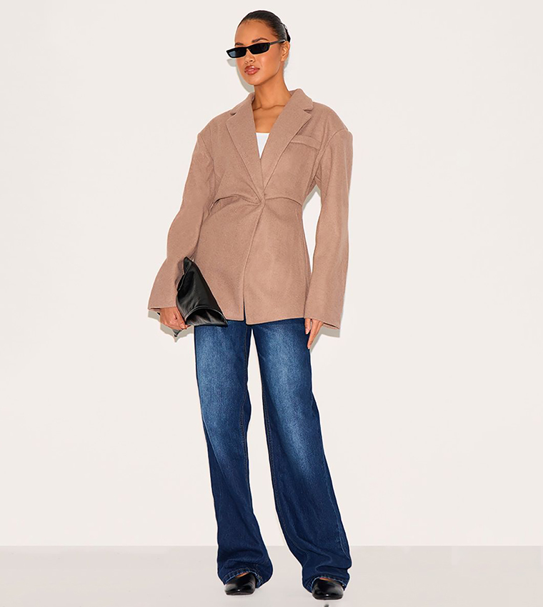 Wool Look Cinched Long Sleeves Blazer