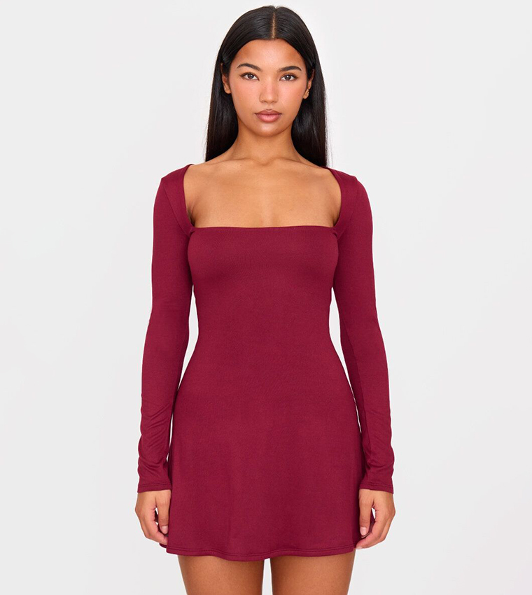 Double Contour Square Neck Long Sleeves Bodycon Mini Dress