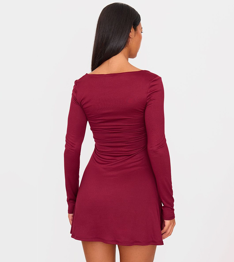 Double Contour Square Neck Long Sleeves Bodycon Mini Dress