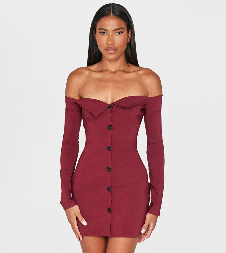 strapless open back dress Stand Out Red Bardot Ruched Maxi With Sleeves And Side Split  Club L  London