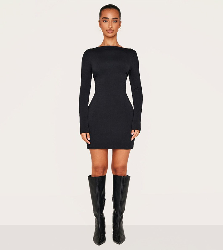 Petite Contour Jersey Boat Neck Long Sleeves Mini Dress