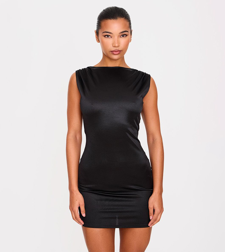 Stretch Satin Boat Neck Mini Dress